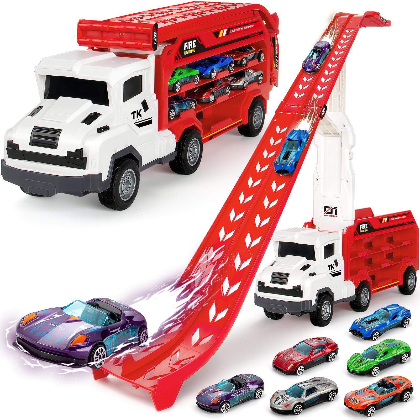 Bstoyder carrier truck with folding track for portable racing fun and easy cleanup.