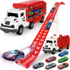 Bstoyder carrier truck with folding track for portable racing fun and easy cleanup.