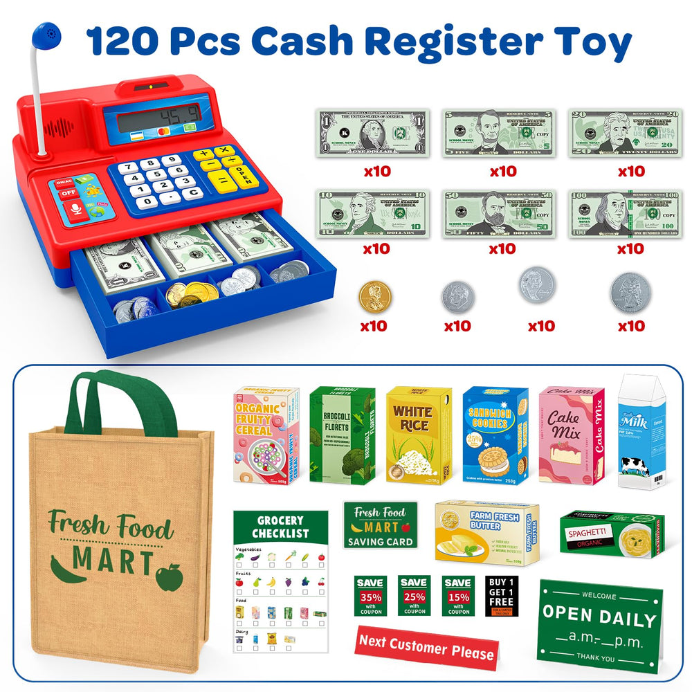 Bstoyder cash register with microphone and sound effects for imaginative play.