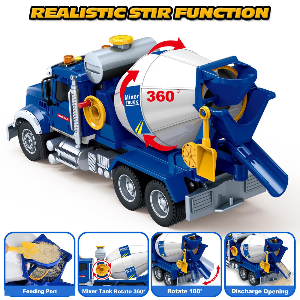 Bstoyder cement mixer truck toy with rotating tank for pretend unloading.