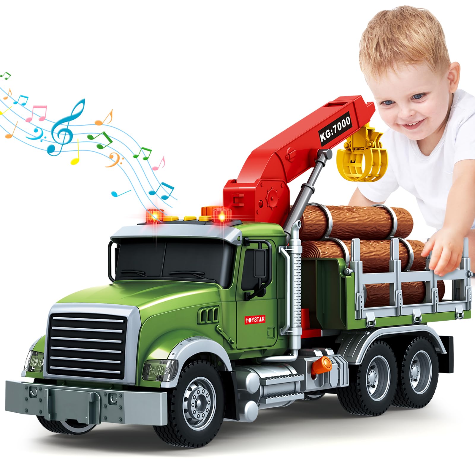Bstoyder farm logging truck crane in action, improving hand-eye coordination during play.