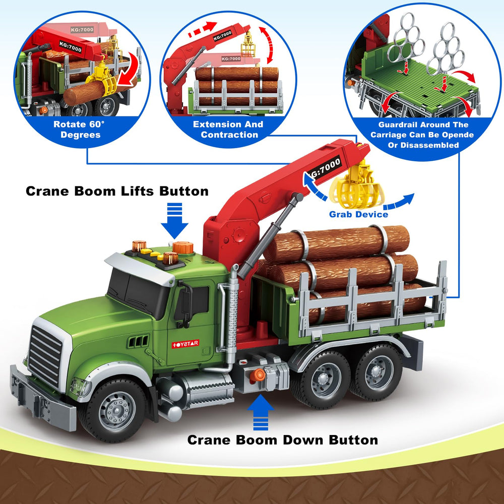 Bstoyder logging truck with trunks demonstrates imaginative pretend logging scenarios.