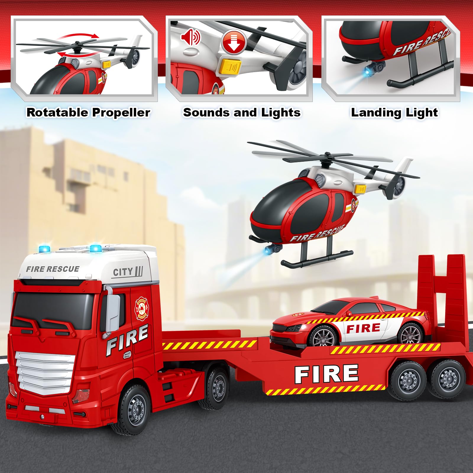Bstoyder fire car speeds along, adding fast action to pretend missions.