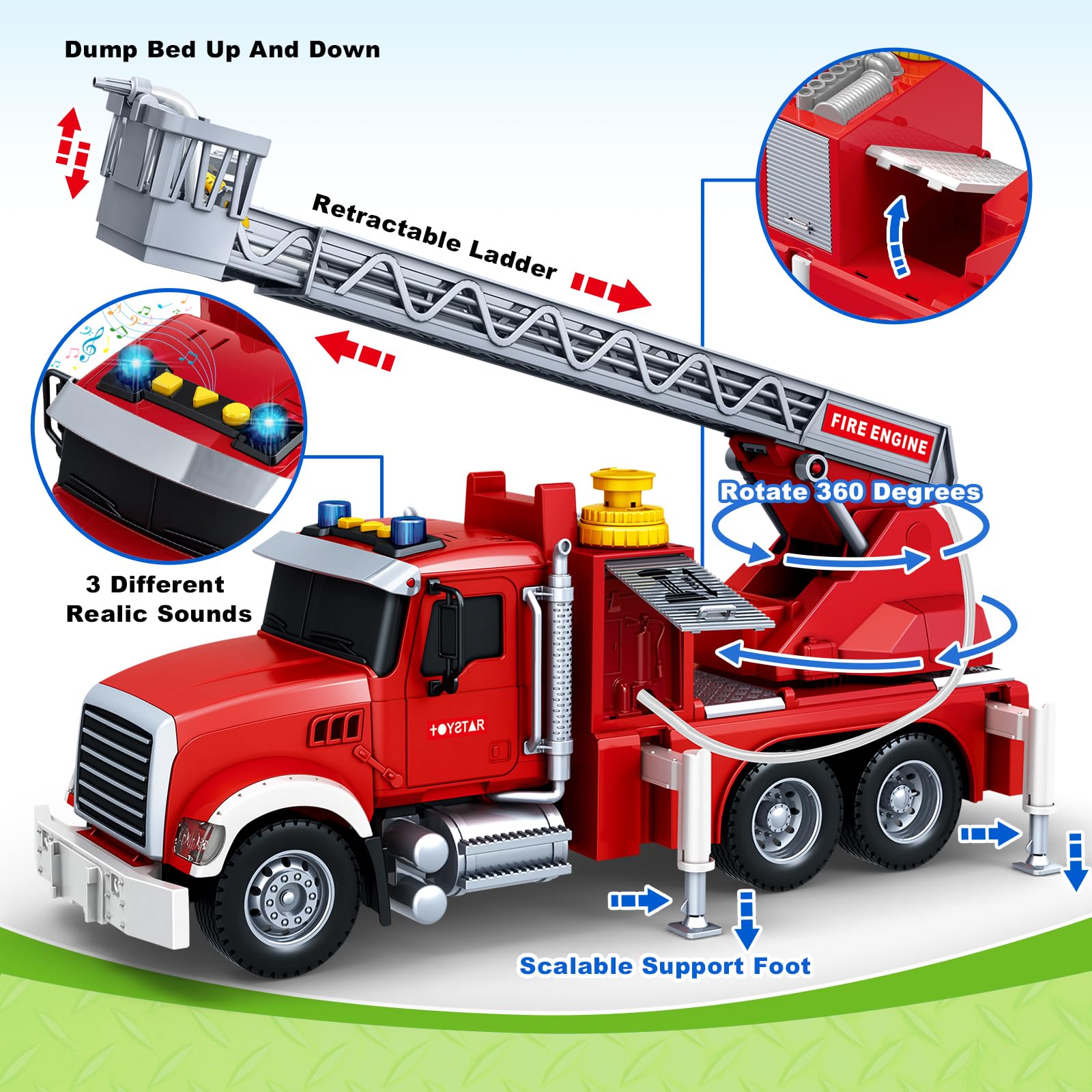 Bstoyder fire truck ladder extension and rotation for realistic rescue scenarios.