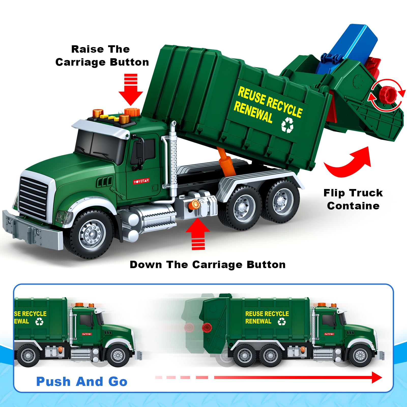 Bstoyder garbage truck dump function with accessible lever for motor skills.