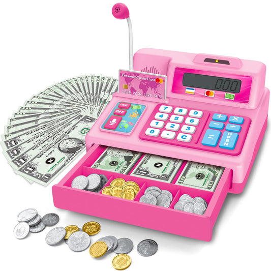 Bstoyder pink cash register toy with microphone for interactive pretend shopping.