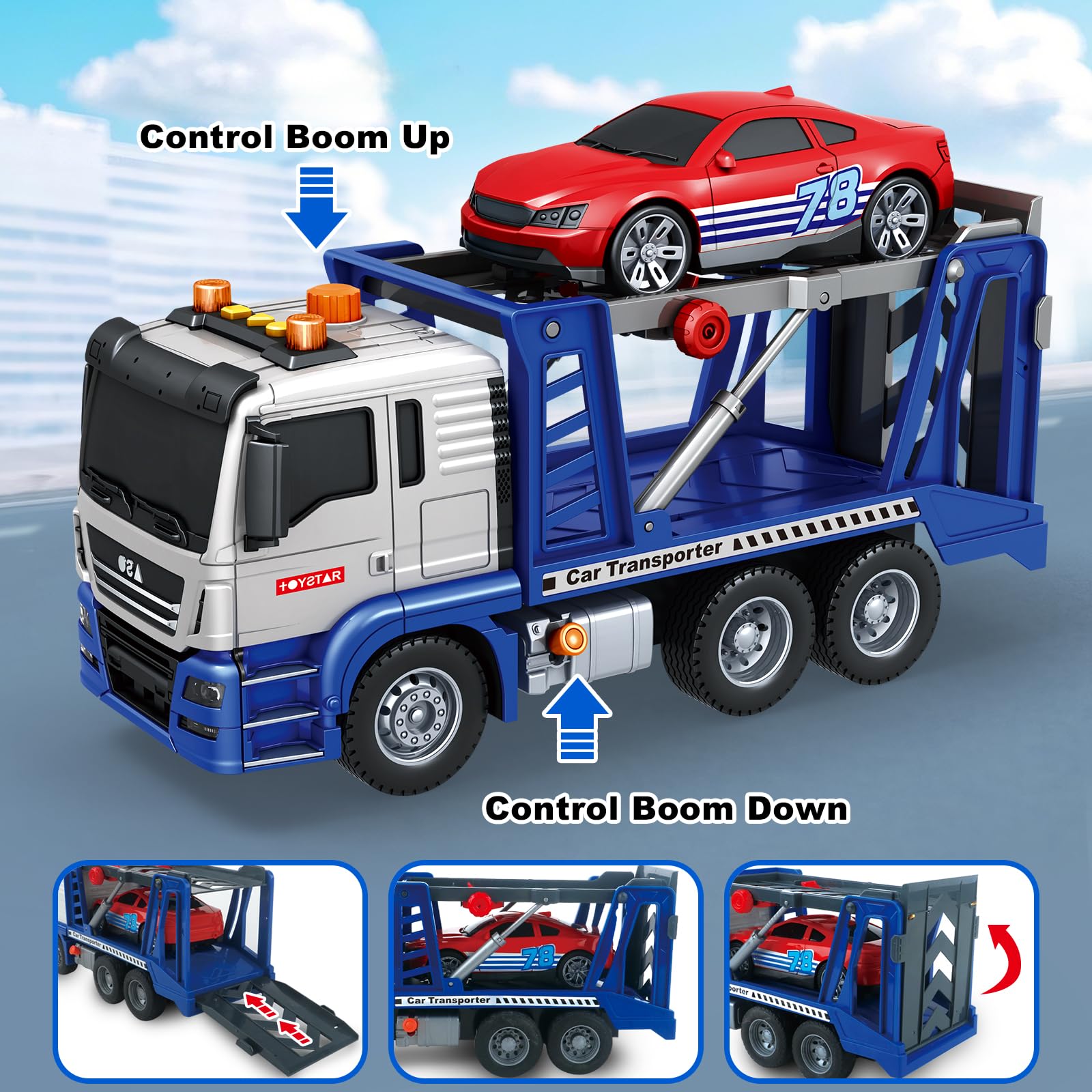 Bstoyder transport truck with two-level shelves supports stacked vehicles.