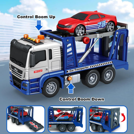 Bstoyder transport truck with two-level shelves supports stacked vehicles.