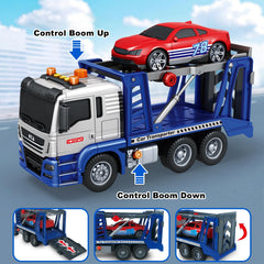 Bstoyder transport truck with two-level shelves supports stacked vehicles.