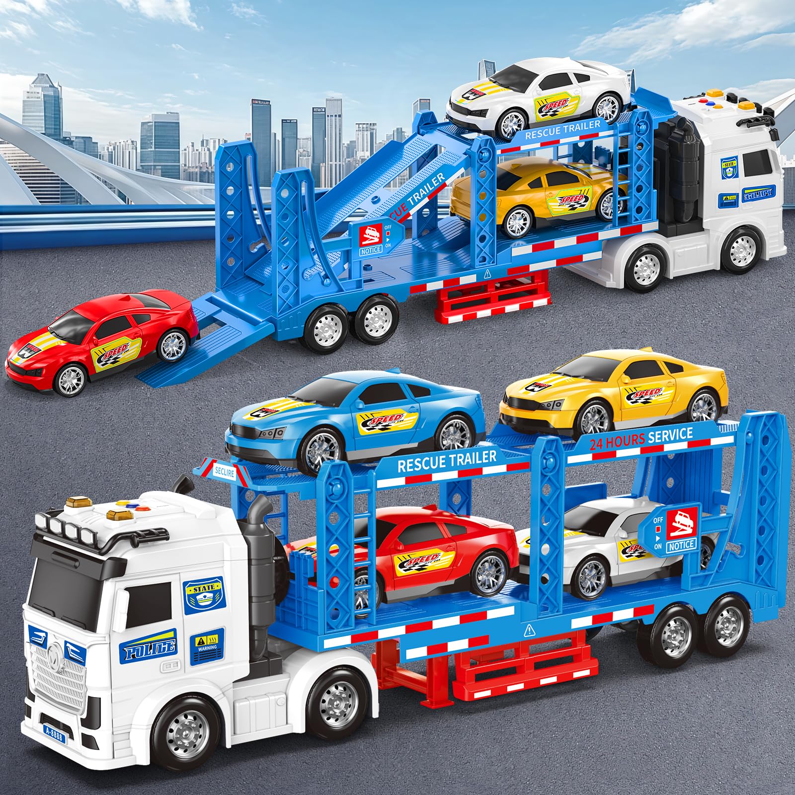 Bstoyder truck head and tailboard simulate loading scenes.