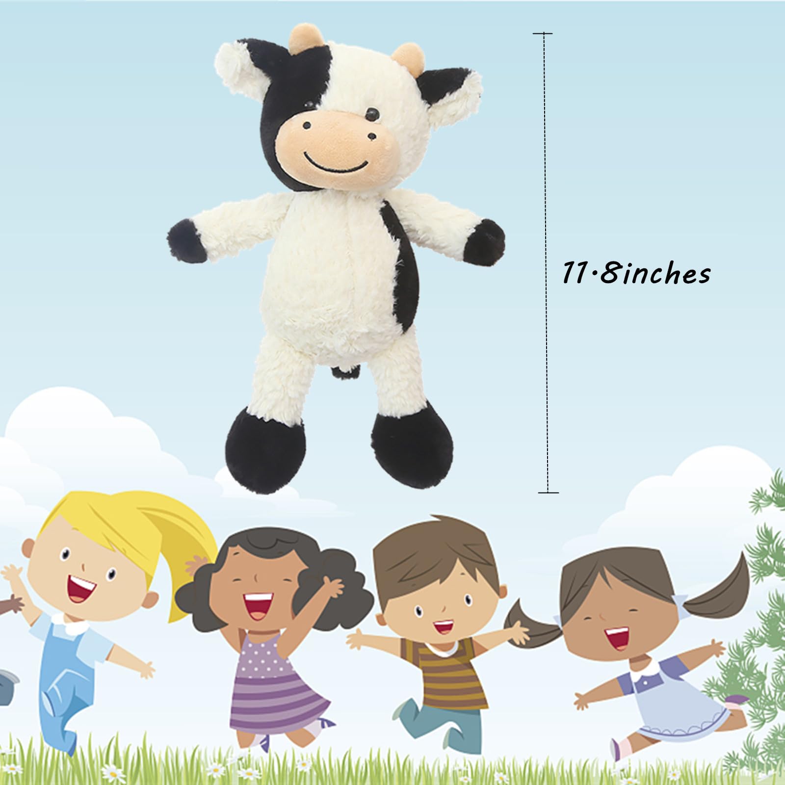 BSVOME cow plush resting on a bed offers bedtime cuddling comfort
