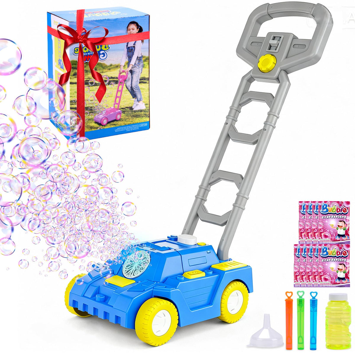 Bttyu Bubble Lawn Mower being pushed by a child for imaginative outdoor play.