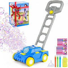 Bttyu Bubble Lawn Mower being pushed by a child for imaginative outdoor play.