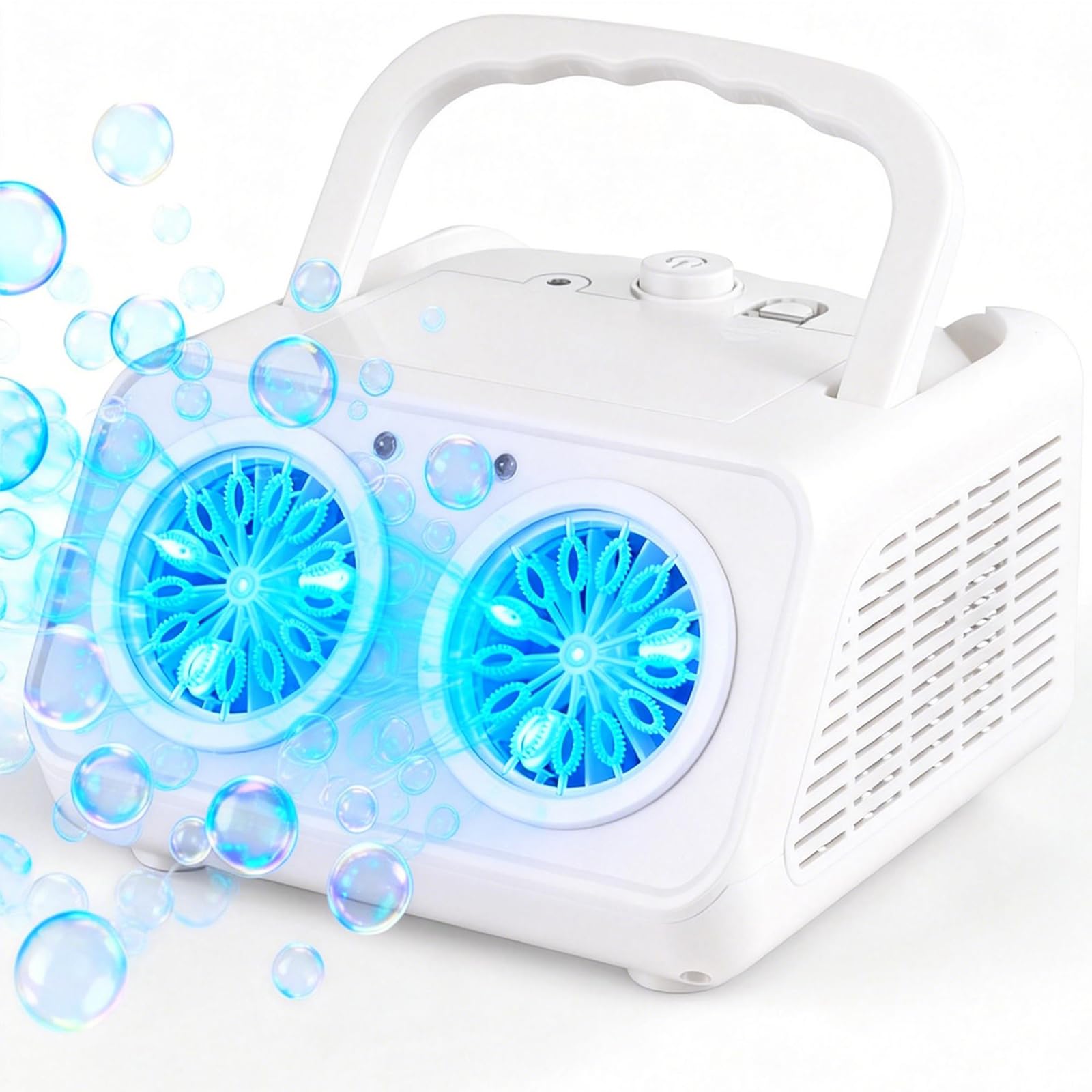 Bttyu dual-fan bubble machine front view demonstrating high-output bubbles for events