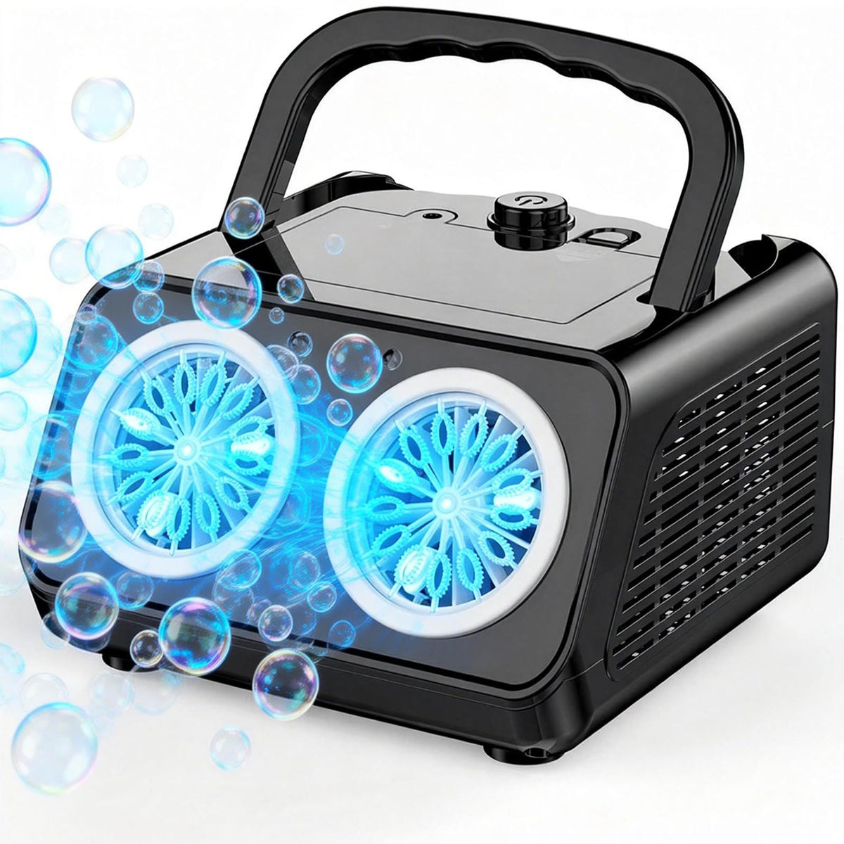 Bttyu dual-fan bubble machine front view shows a compact, vibrant bubbles setup for events.