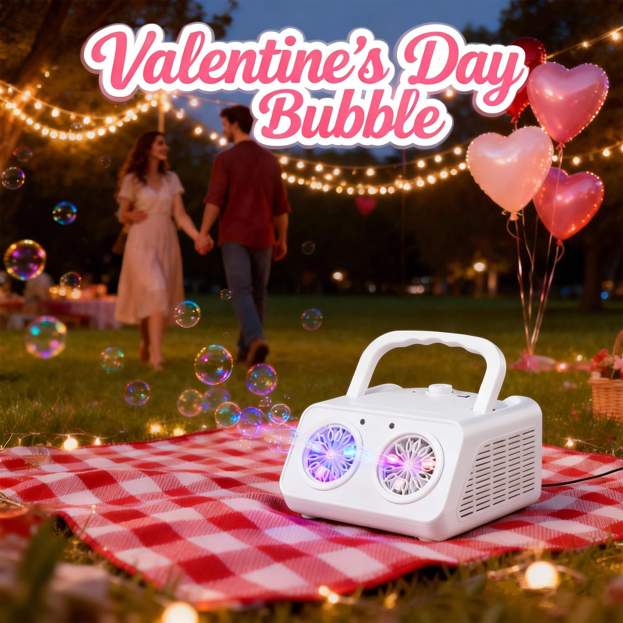 Bttyu dual-fan bubble machine side view showing compact, portable design