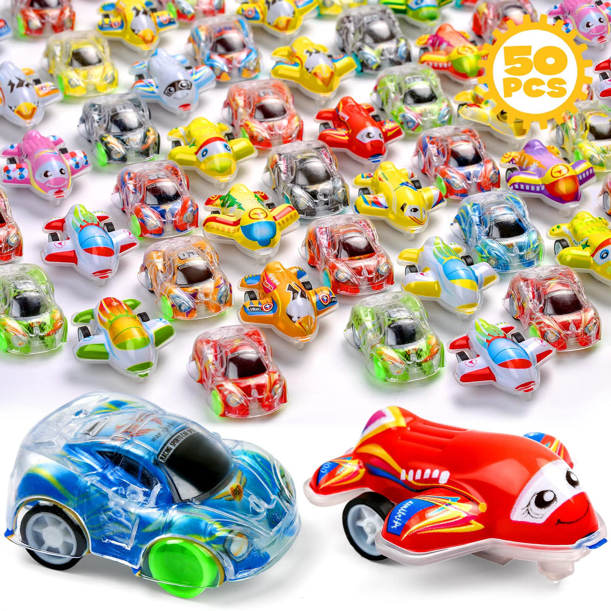 Buauty 50-pcs mini pull back cars in bright colors for party favors.