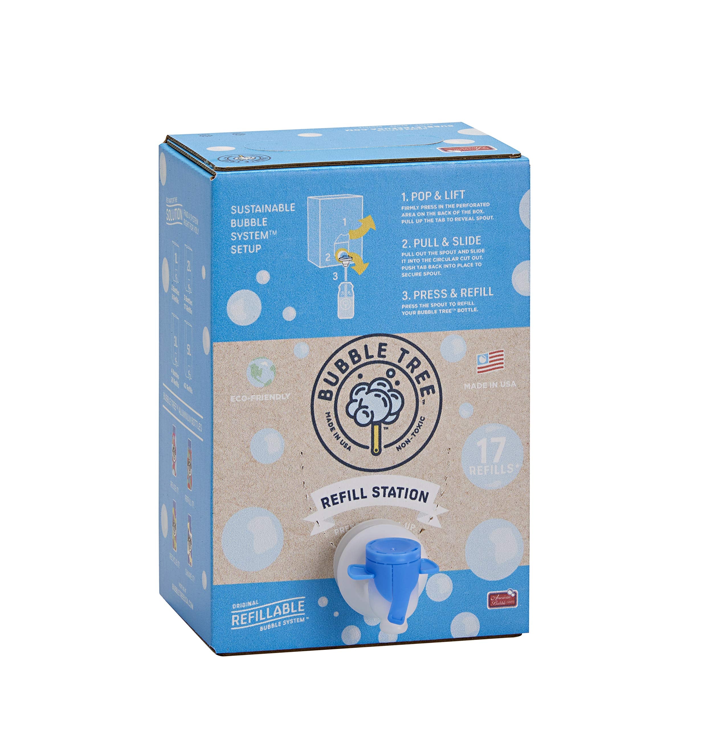Bubble Tree box-dispensing-system demonstrates mess-free bubble play with easy box-to-bottle transfer.