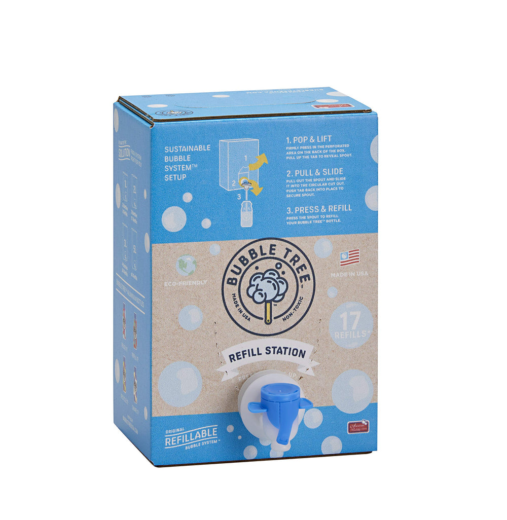 Bubble Tree box-dispensing-system demonstrates mess-free bubble play with easy box-to-bottle transfer.