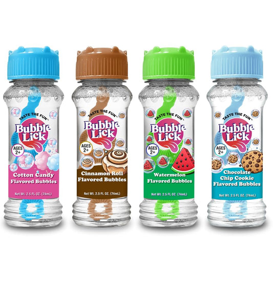 Bubble Lick Cinnamon Roll bubbles jar for flavorful, kid-friendly playtime.