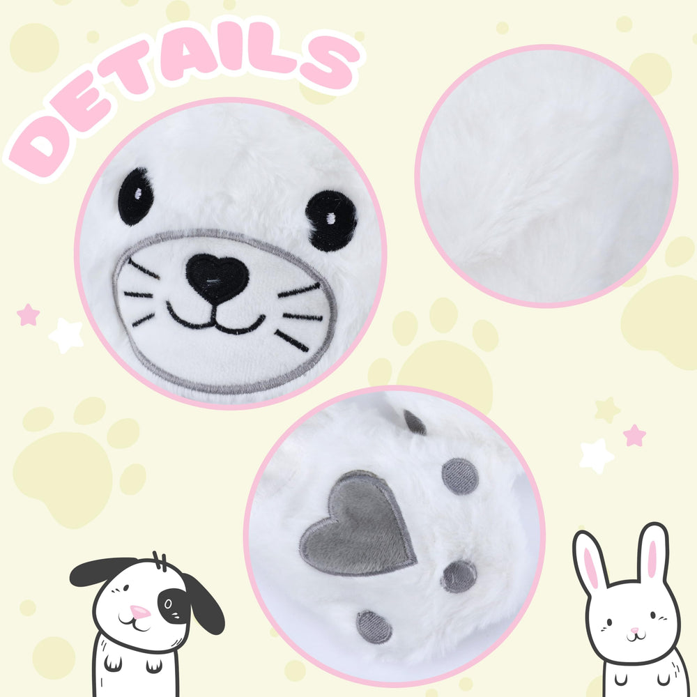 Cute white Bubblepompom seal hat ideal for costumes and photos.