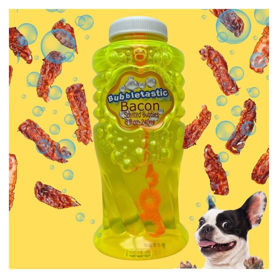 Bubbletastic bacon bubble bottle closeup highlights bacon scent and safe formula.