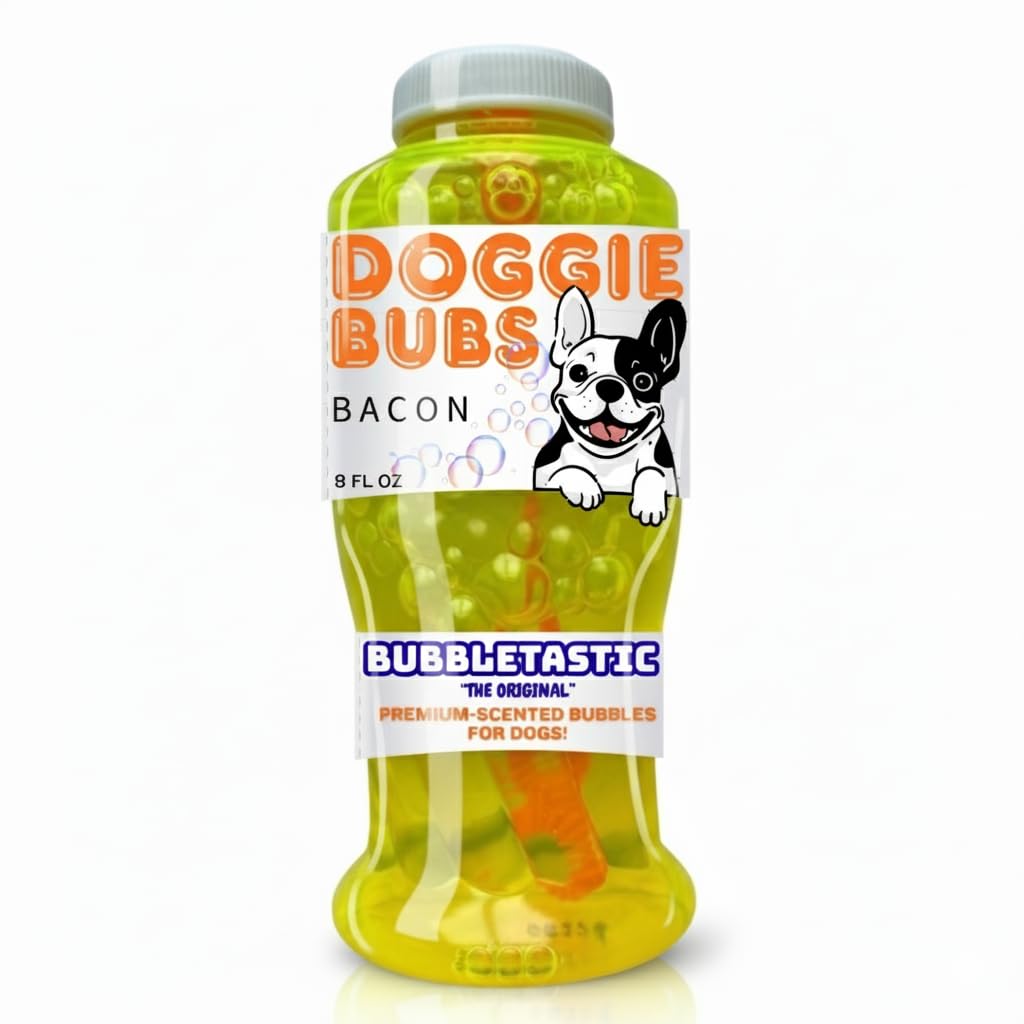 Bubbletastic bacon bubble bottle showing bacon-scent bubbles for dogs