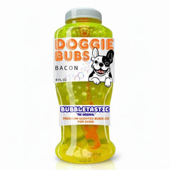 Bubbletastic bacon bubble bottle showing bacon-scent bubbles for dogs
