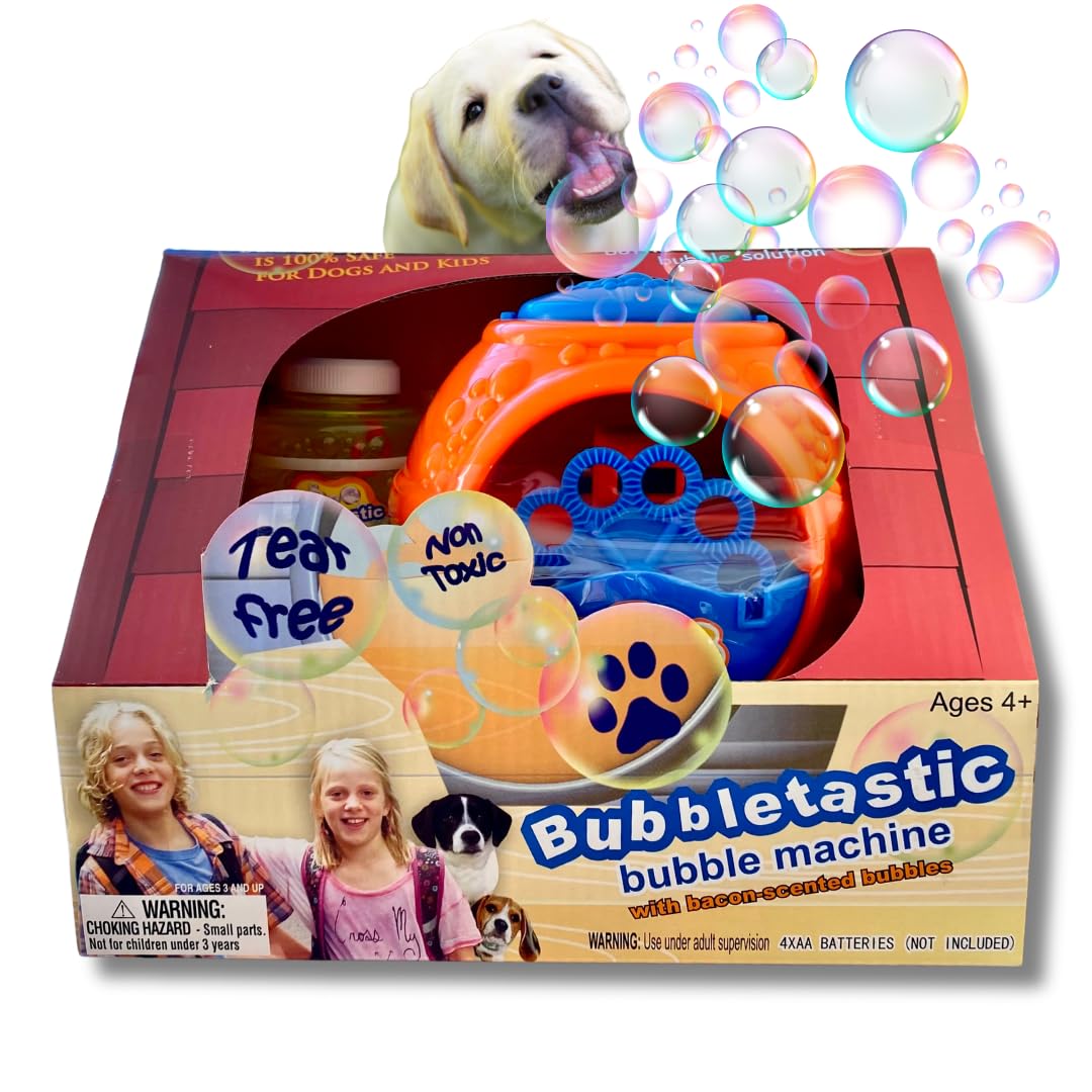 Bubbletastic bacon bubble machine front view shows dog-friendly bubbles in play.