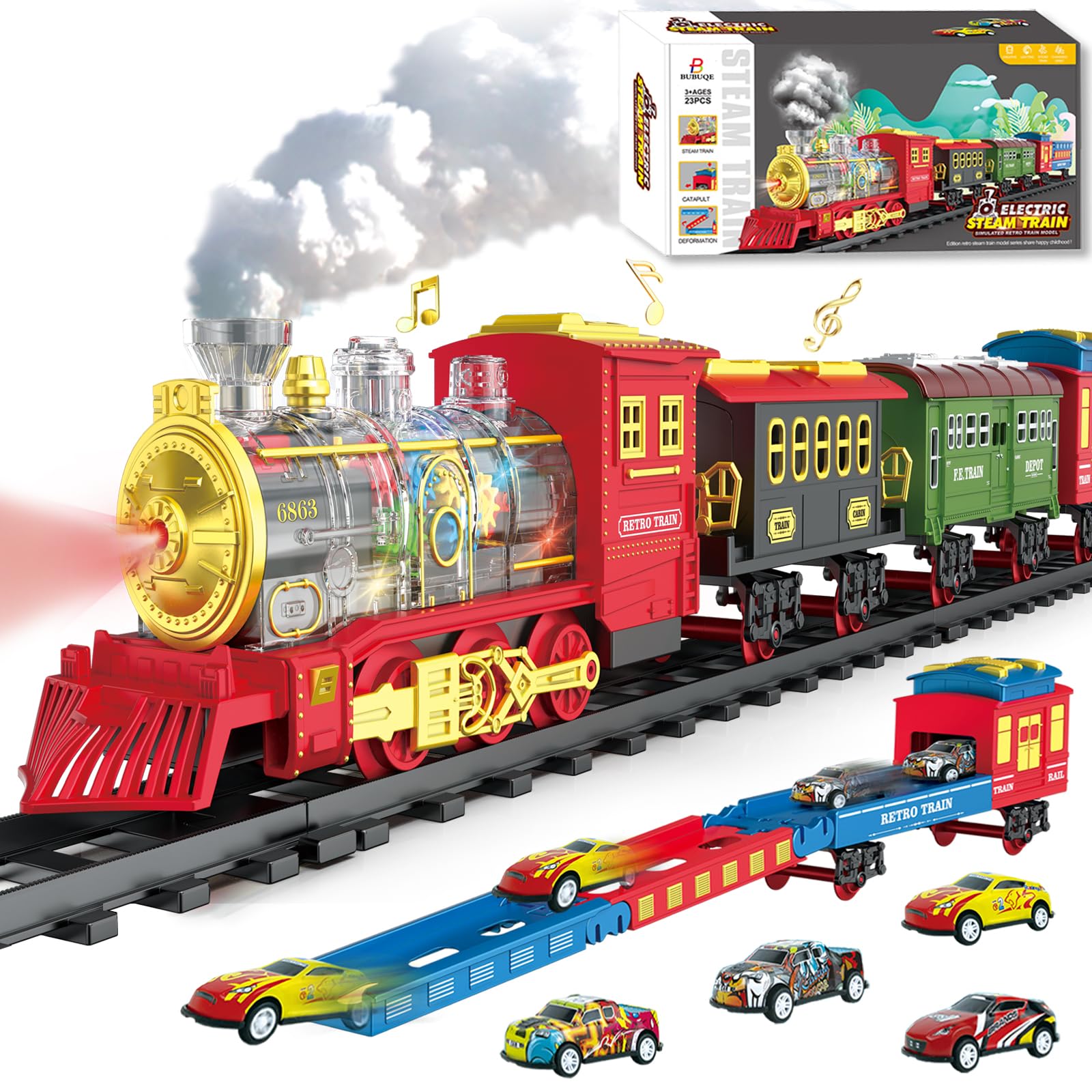 BUBUQE electric train set with smoke and lights for immersive play