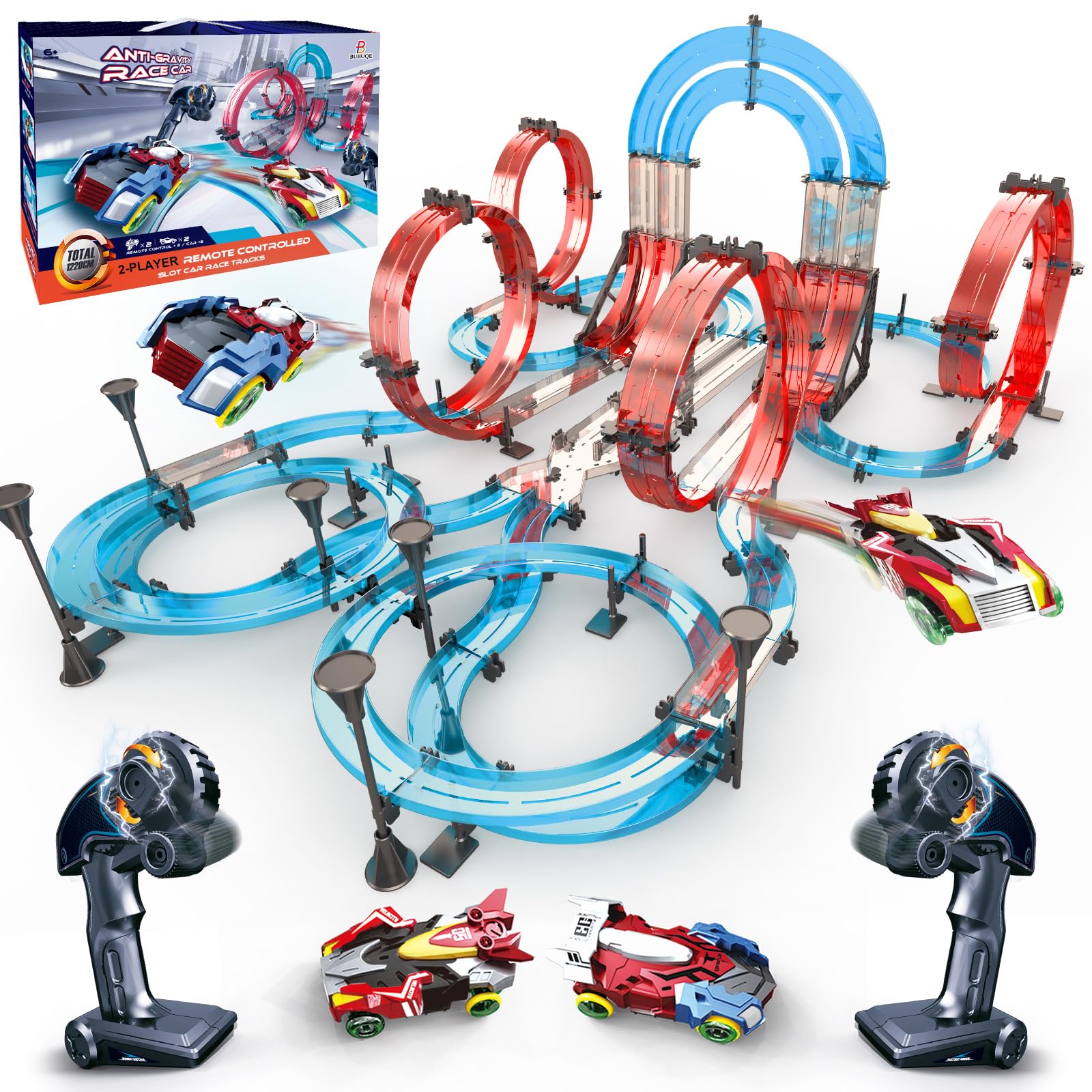 BUBUQE slot car track dual-player overpass setup for exciting family races