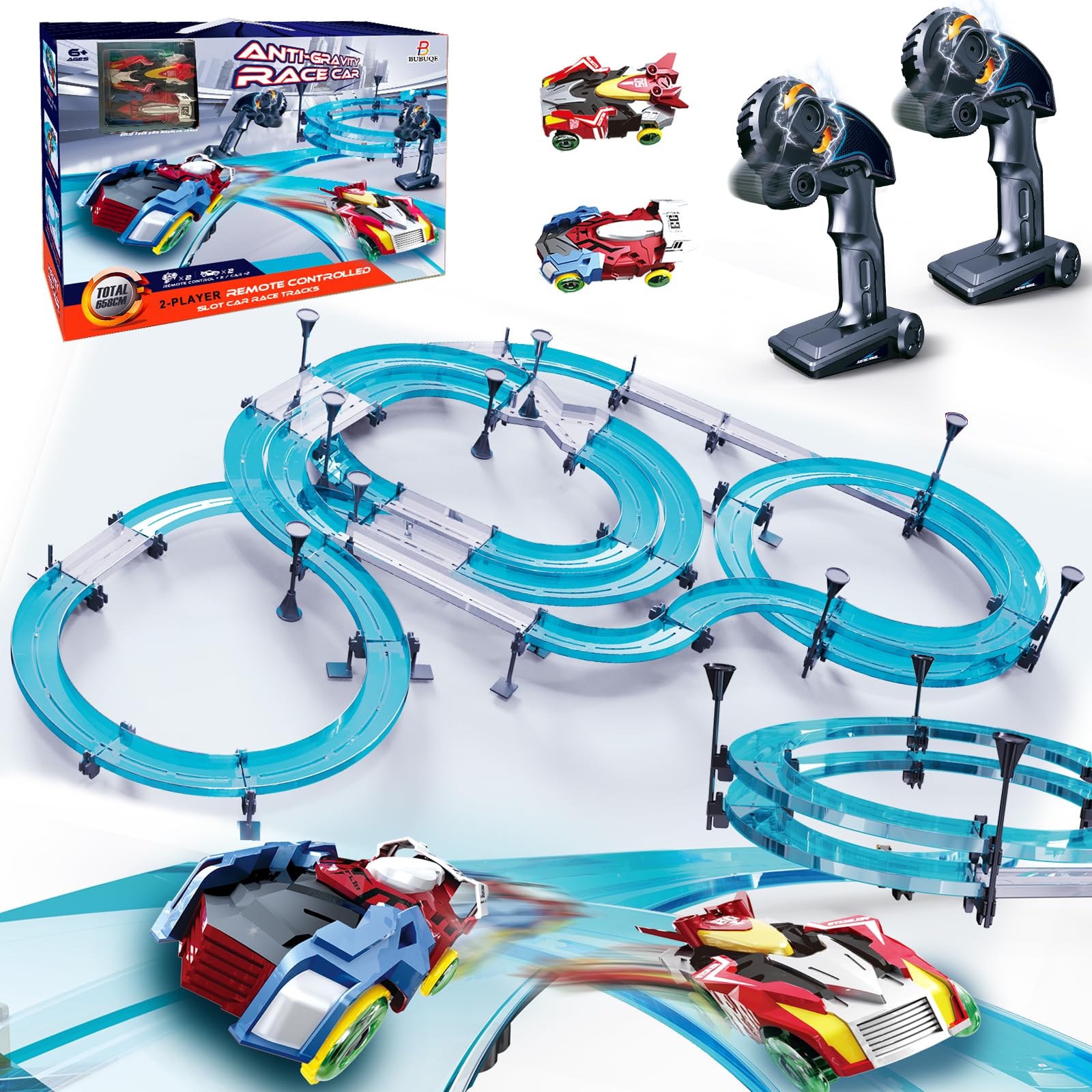 BUBUQE slot car track overview showing a two-player setup for shared fun