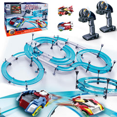 BUBUQE slot car track overview showing a two-player setup for shared fun