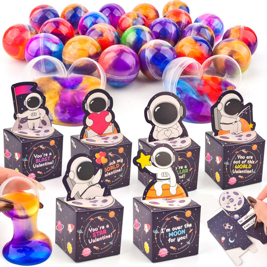 Bucaikein 24-pack galaxy slime balls box with cosmic colors, ideal for classroom gifts.