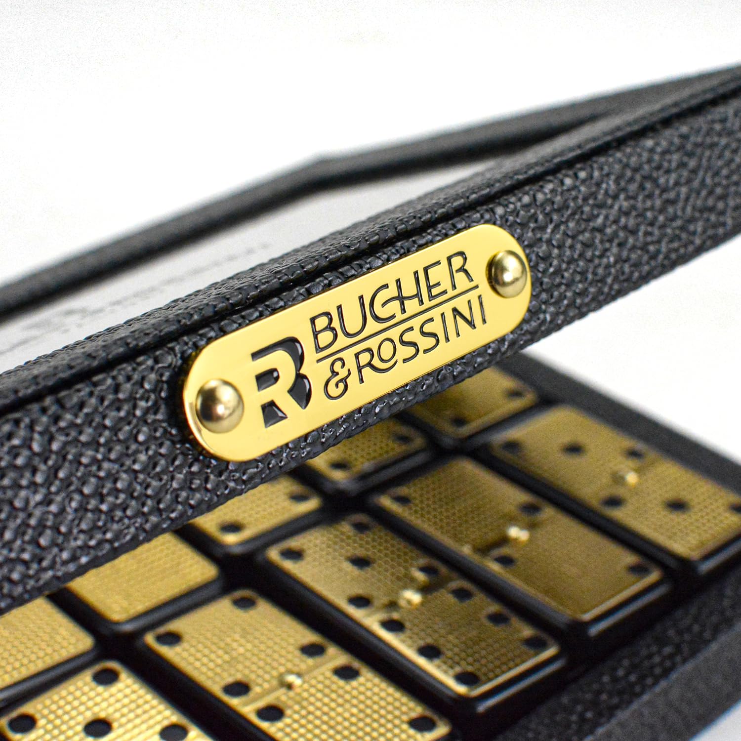 Bucher&Rossini luxury pearl leather case keeps dominoes organized and protected