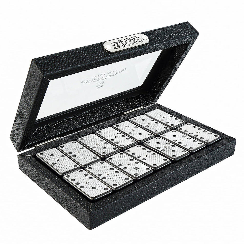 Closeup of Bucher&Rossini domino tiles showing silver edges and metal surface