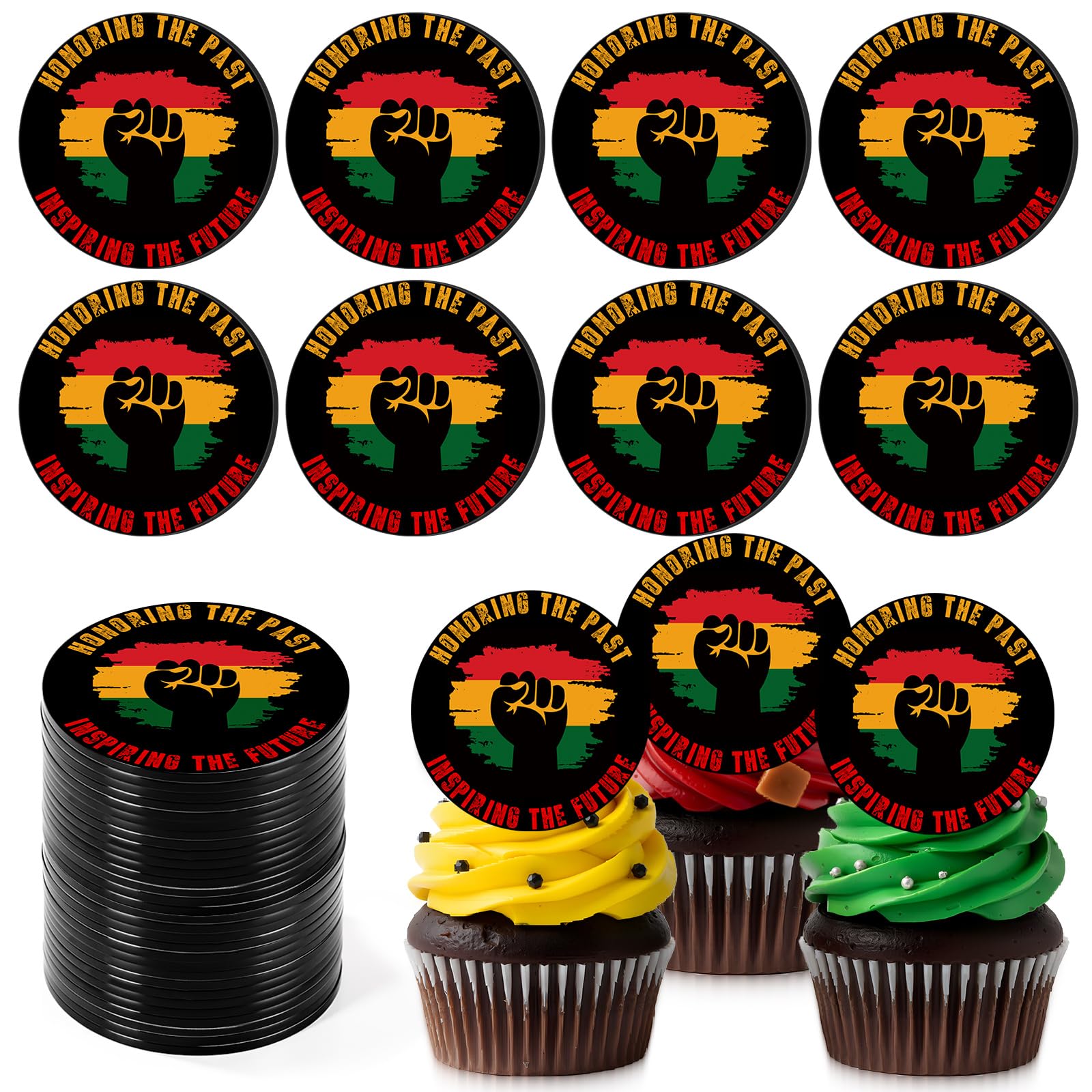 Bucherry acrylic toppers decorate cupcakes with Black History Month flair.