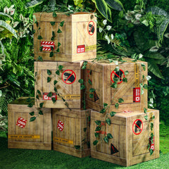 Bucherry dinosaur box design uses yellow warning belt accents