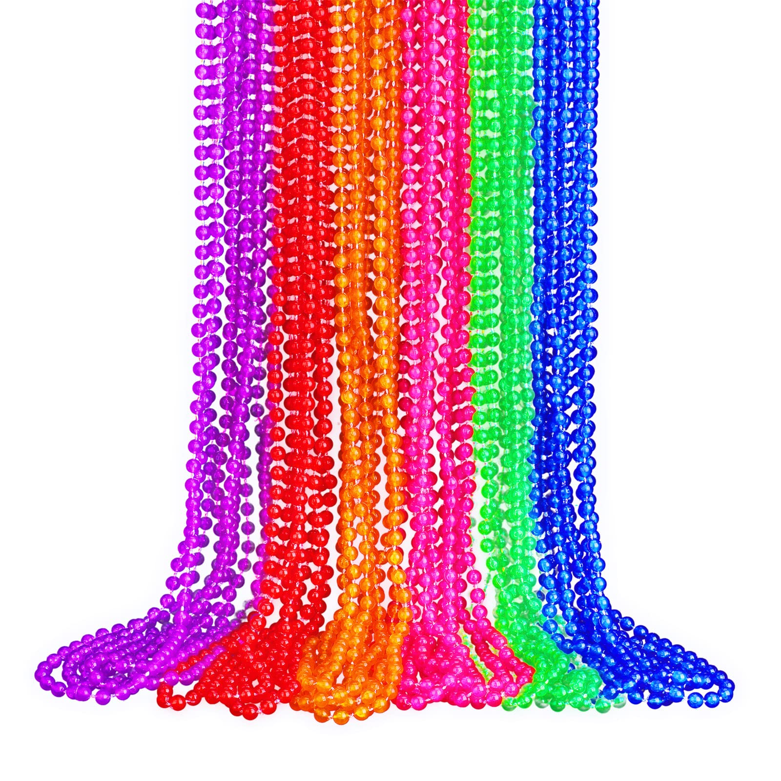 Bucherry neon Mardi Gras beads in red, blue, green, purple, orange glow brightly at parties