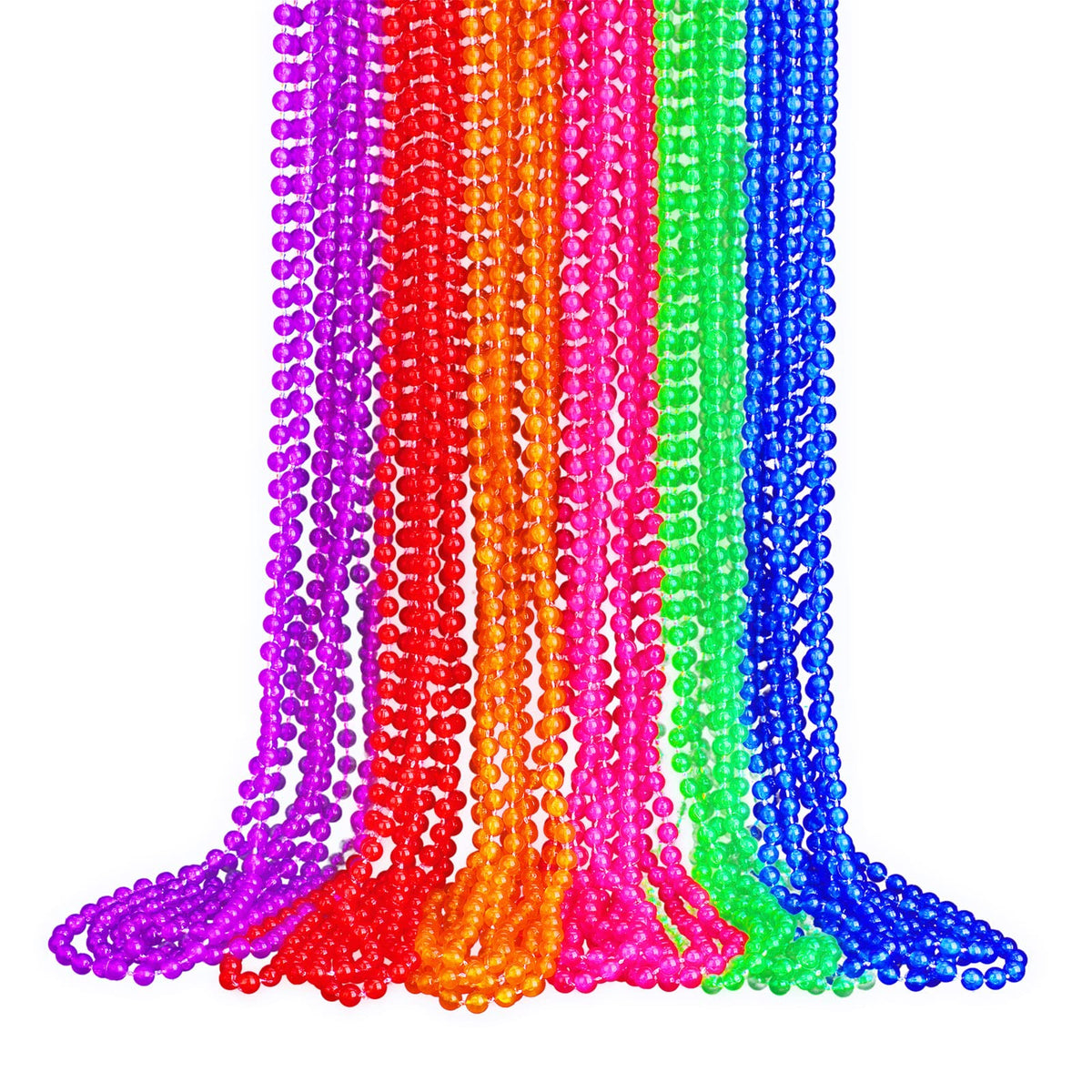 Bucherry neon Mardi Gras beads in red, blue, green, purple, orange glow brightly at parties
