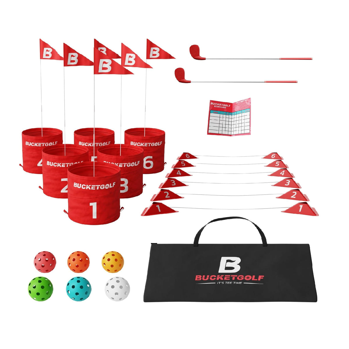 Bucketgolf 6-hole bundle in bag, portable backyard game for any outdoor space.