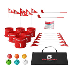 Bucketgolf 6-hole bundle in bag, portable backyard game for any outdoor space.