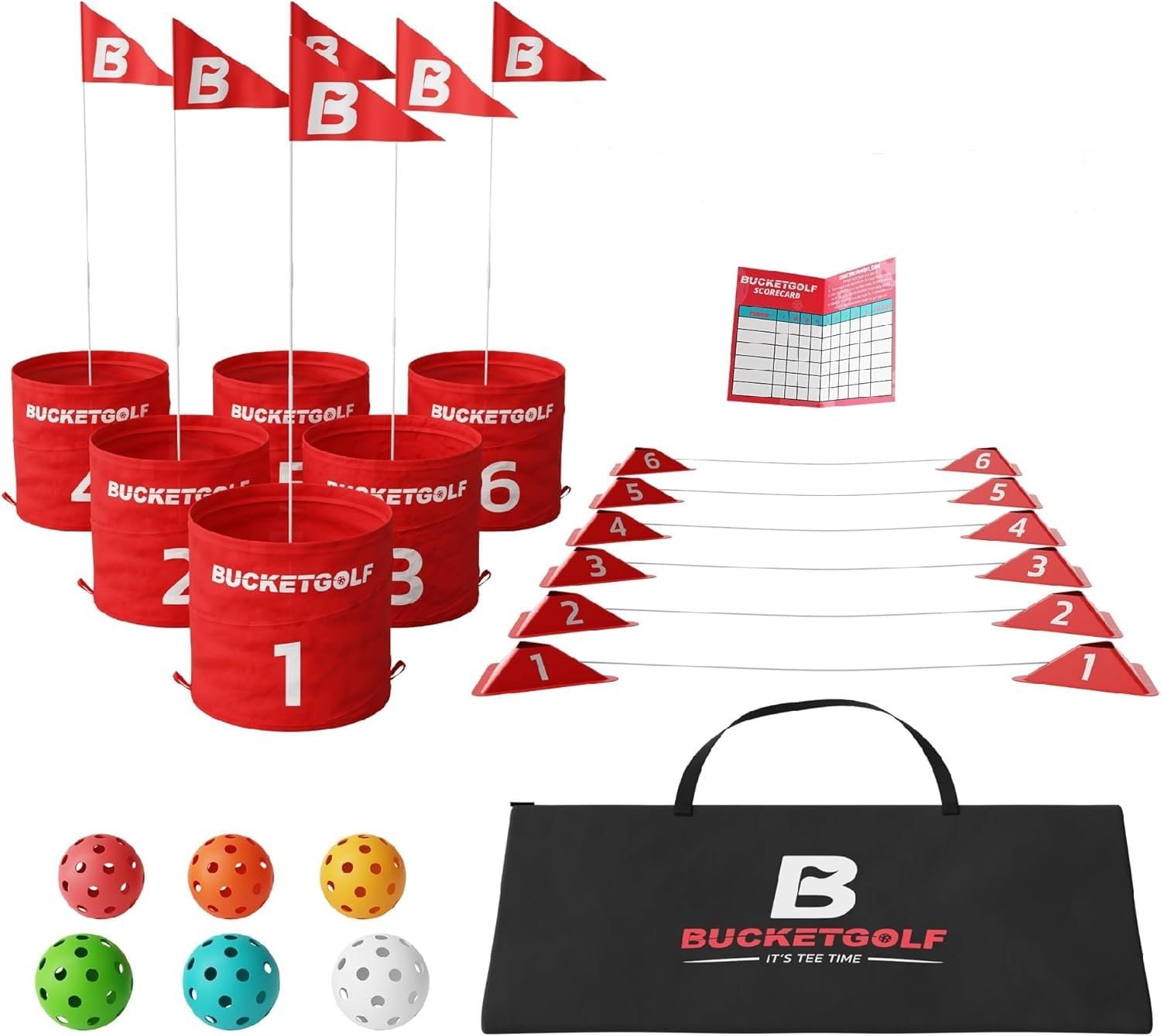 Bucketgolf 6-hole set for backyard golf that is easy to learn and portable.