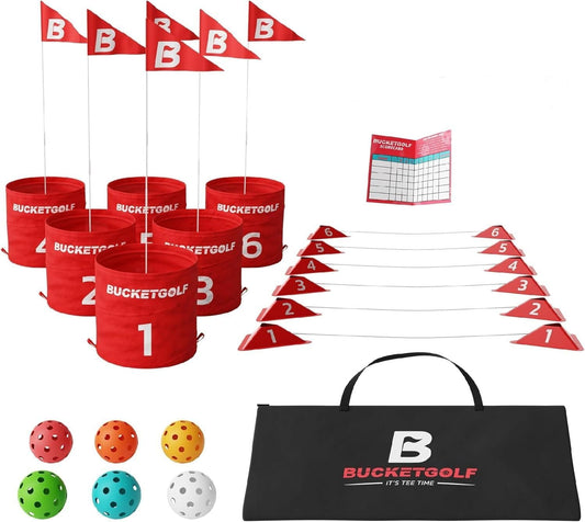 Bucketgolf 6-hole set for backyard golf that is easy to learn and portable.