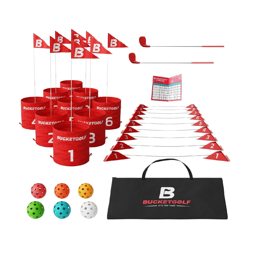 Bucketgolf 9-hole bundle outdoors for versatile family entertainment in yard or park.