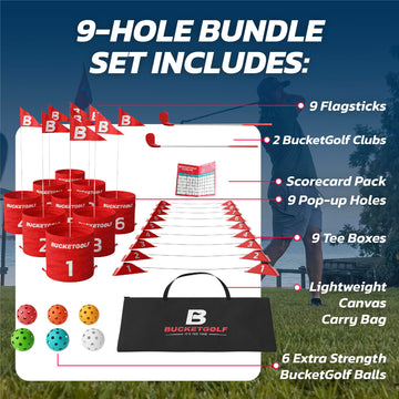 Bucketgolf on beach or park, showcasing sunny outdoor play and easy setup.