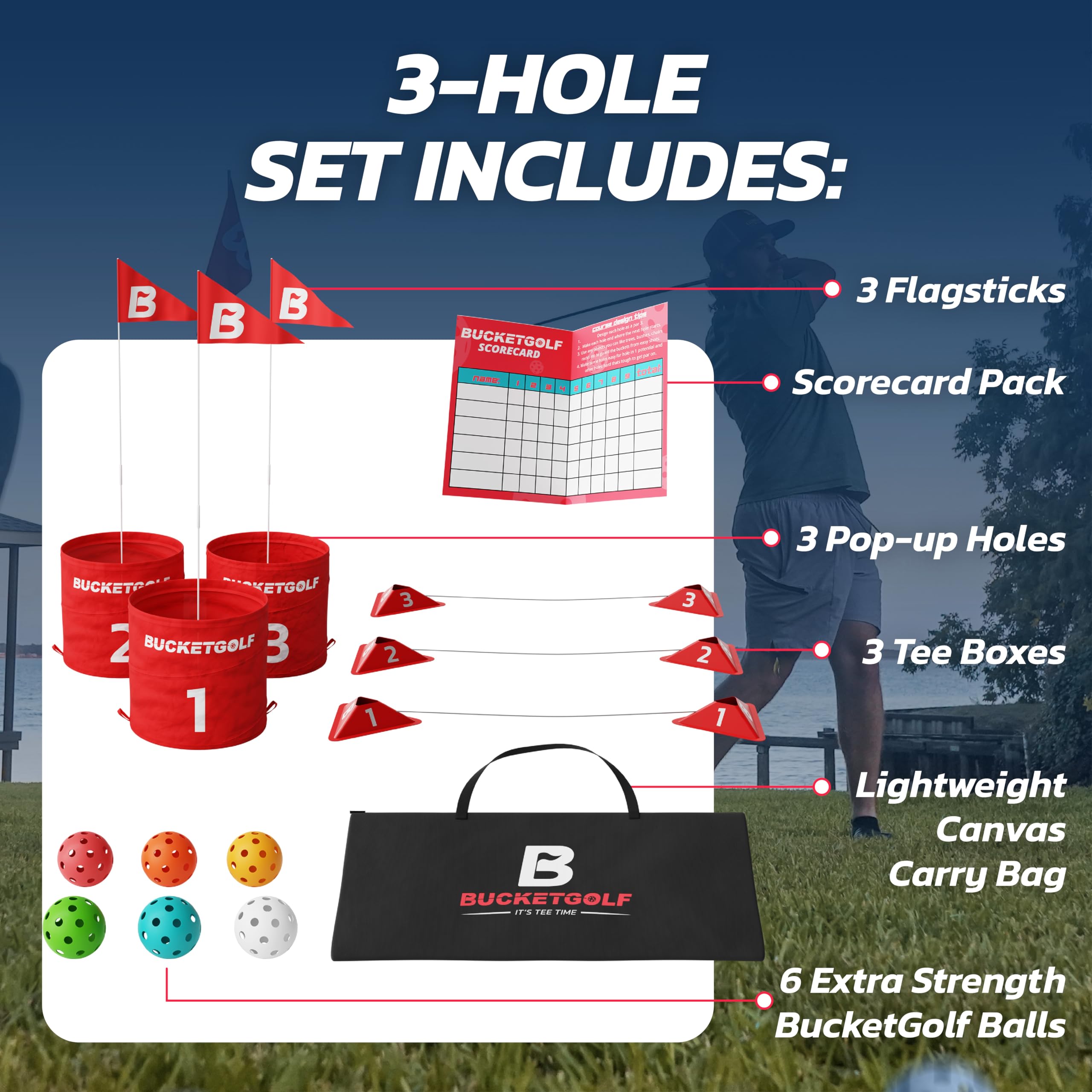 bucketgolf Original Game 3-Hole Travel Set; custom course design in minutes