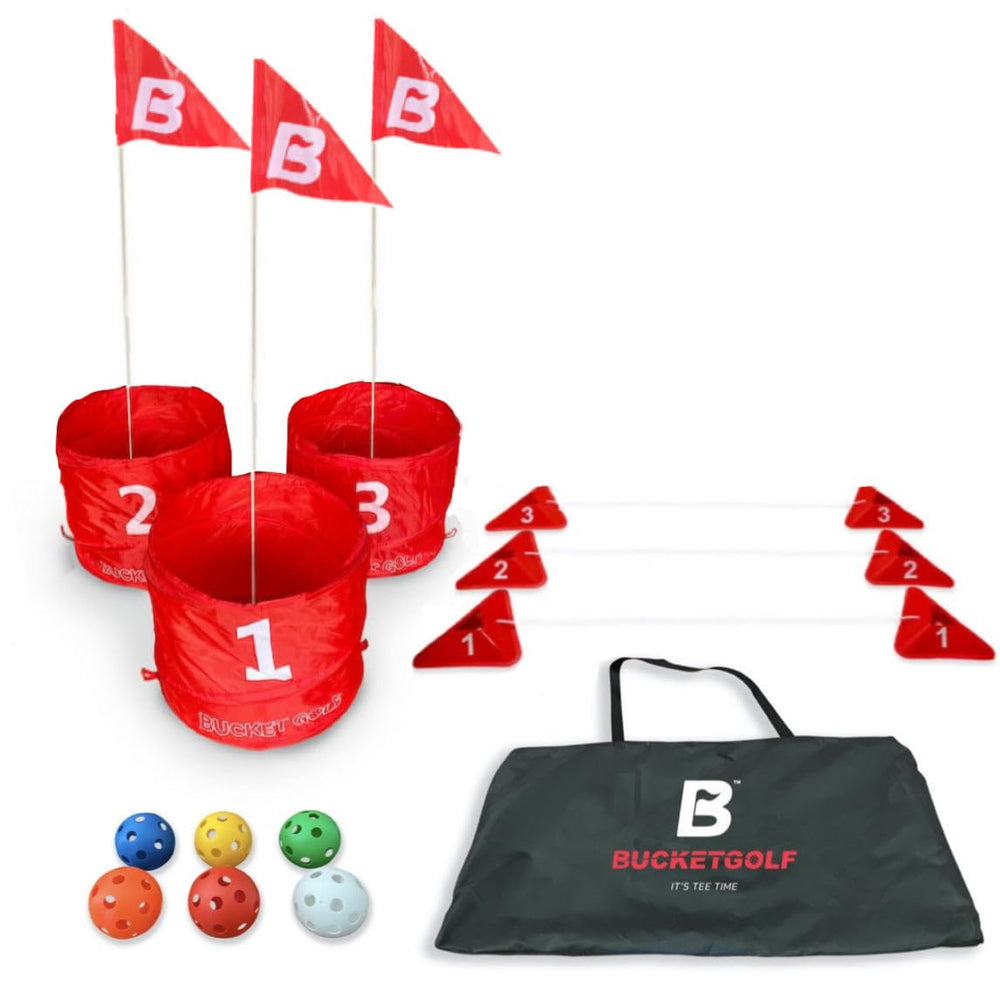 bucketgolf Original Game 3-Hole Travel Set front view; portable backyard golf fun for any outdoor space