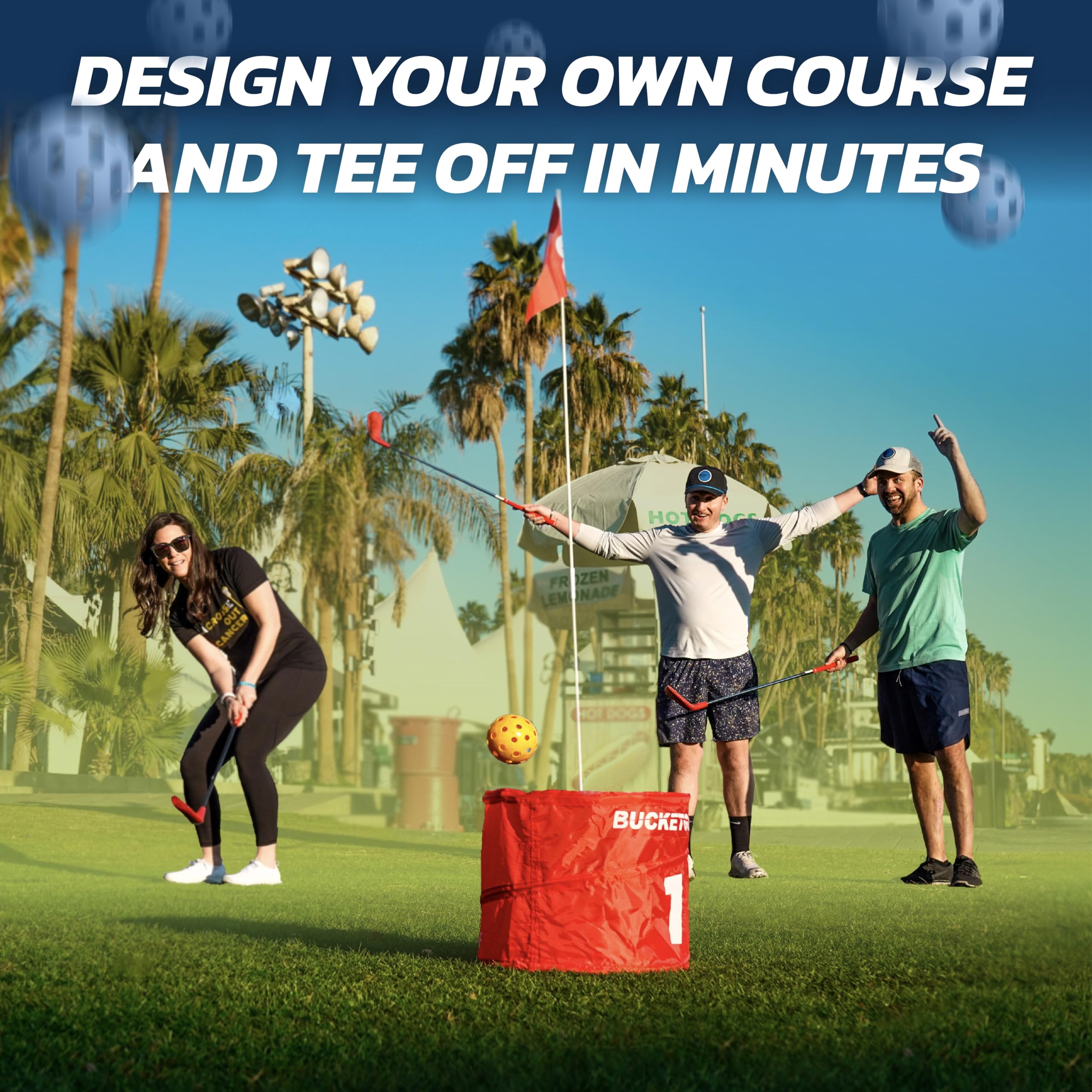 bucketgolf Original Game 3-Hole Travel Set yard setup; quick course design boosts backyard fun