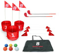 bucketgolf original game 3-hole travel set in its compact carry bag for portability.
